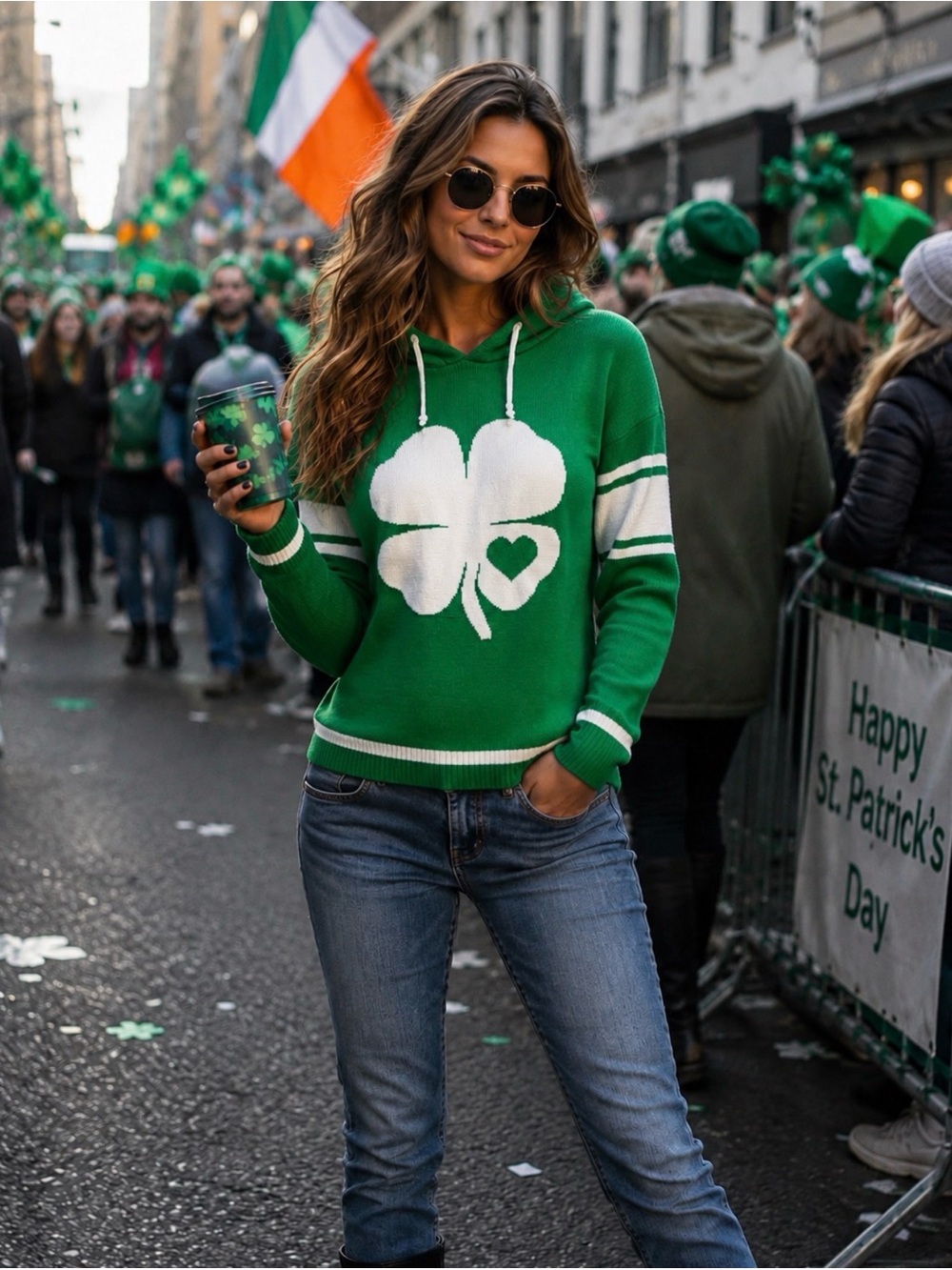 Green Shamrock Hoodie Sweater with White Accent